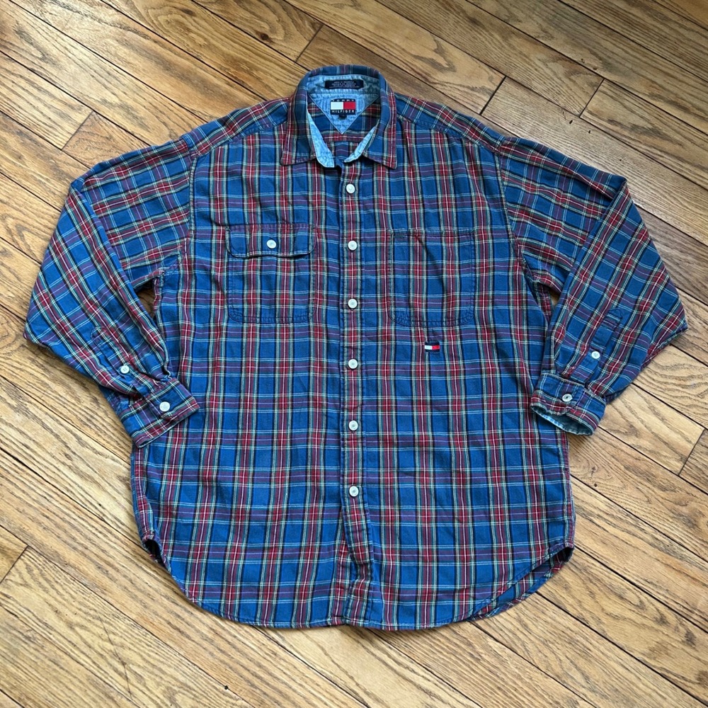 Vintage Tommy Hilfiger Plaid Button Down Shirt Mens Medium Blue Red Tommy Jeans